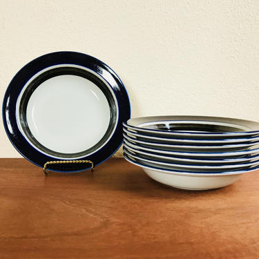 Set of 4 Arabia Finland Saara soup bowls / vintage 1970s Scandinavian dishes / blue, brown and white dinnerware 