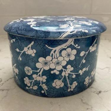Vintage Daher Blue Floral Tin Container - Made In England - Cherry Blossom - Collectible - Long Island NY Trinklet or Powder Tin by LeChalet