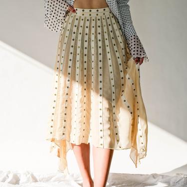 Vintage ZAC POSEN Cream Silk Asymmetrical Skirt w/ Brass Snap Button Panel Pleats | 100% Silk | Made in USA | Y2K 2000s Designer Silk Skirt 
