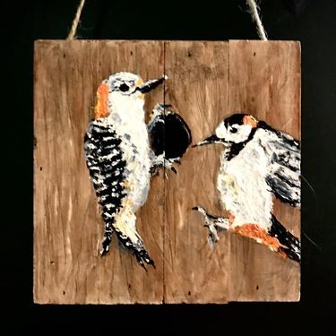 &quot;Woodpeckers&quot; Hand Painted restored wood panel