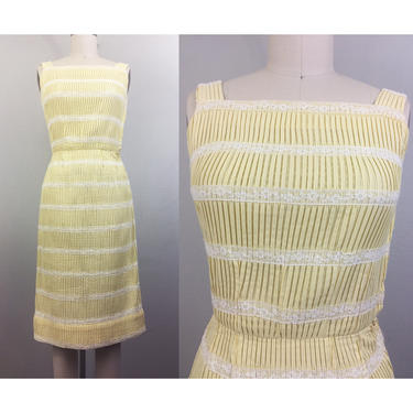 Vintage 50s Wiggle Dress Pastel Yellow Pleat White Lace Pencil 1950s Cotton Sundress XS 