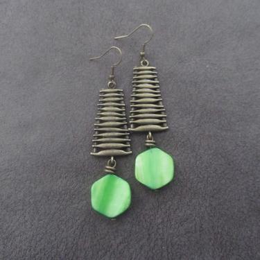 Mid century modern earrings, statement bohemian earrings, bold earrings, green mother of pearl shell earrings, boho bronze earrings 
