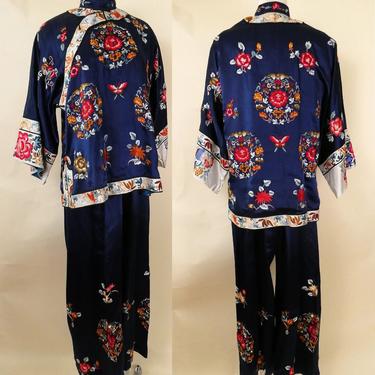 Exquisite Antique Hand Embroidered Silk Chinese Pajamas Lounge Set Old Hollywood Glamor size Large/X Large 