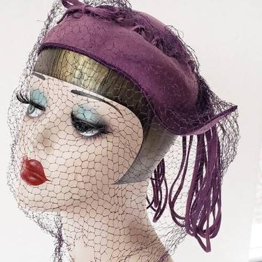 40s Purple Wool Cocktail Hat Back Loops and Veil / 40s Film Noir Hat Millinery / Ida 