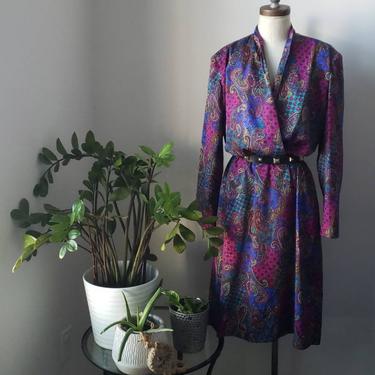 Vintage 1980s 80s Paisley Print Silky Secretary Dress| Vintage Ann Kirk Dress 