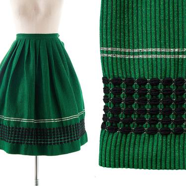 Vintage 1960s Skirt | 60s Woven Wool Striped Green Black Metallic Silver Lurex High Waisted Full Warm Winter Holiday Skirt (medium) 