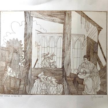 Large Vintage Etching titled Comedie Dell Arte, signed limited edition, XXXI-A, on Arches French paper, 25.5” W x 19.5” H 