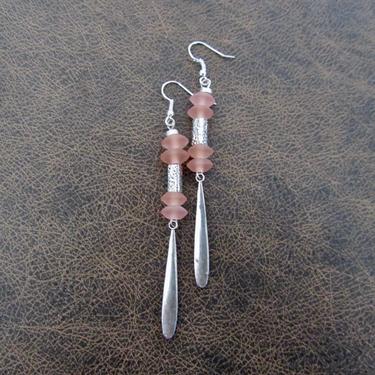 Sea glass earrings, bohemian earrings, beach earrings, silver boho earrings, peach pink dangle earrings, artisan ethnic earrings 