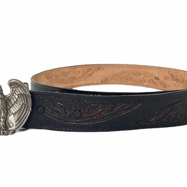 Vintage Brass EAGLE Belt Buckle w/ Tooled Leather Belt ~ Made in USA 