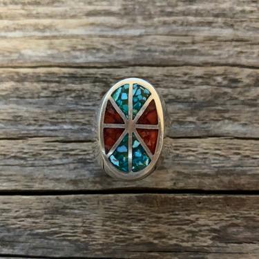 Vintage Native American Silver Coral &amp; Turquoise Inlay Pinky Ring Size 4.5