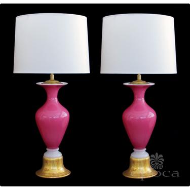 a striking pair of murano mid-century pink cased-glass baluster-form lamps