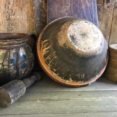 19th C Dairy Mixing Bowl, Redware Slip Glaze Terra Cotta, Large Bowl, Rustic 1800s Pottery, French Farmhouse, Farm Table 