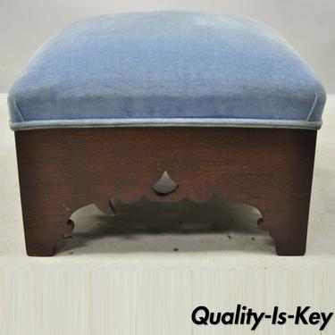 American Empire Carved Mahogany Blue Upholstered Square Footstool Stool Ottoman