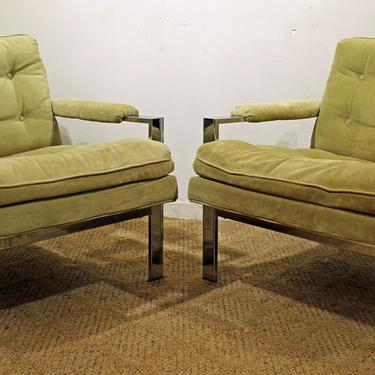Milo Baughman Lounge Chairs  by Thayer Coggin  ,Chrome ,Cube , flat bar 