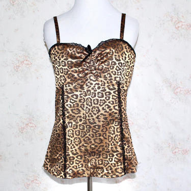 Vintage 90s Leopard Bustier, 1990s Satin Spaghetti Strap Top, Camisole, Tank, Sexy, Y2K, Pin Up, Animal Print, Blouse, Lace 