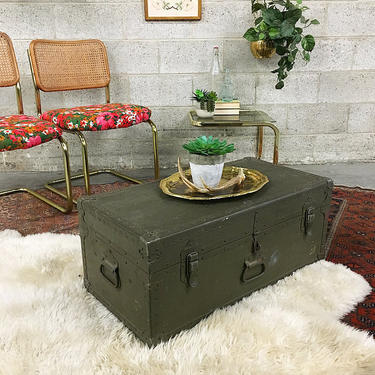 LOCAL PICKUP ONLY Vintage Trunk Retro 1940s Green Military Trunk World War 2 Era + Three Locks + Hinged + Metal Handles for Storage + Table 