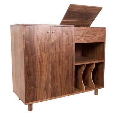 Langley Flip Top Record Console | Solid Walnut Mid-Century Vinyl Player Media Cabinet Stand 