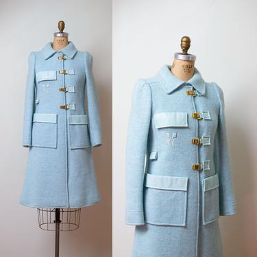1970s Courreges Paris Coat / 70s Baby Blue Space Age Mod Pleather Trim Wool Blend Coat 