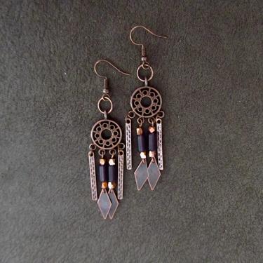 Abstract modern earrings, purple chandelier earrings, bohemian ethnic earrings, copper statement earring, bold earring, boho chic 