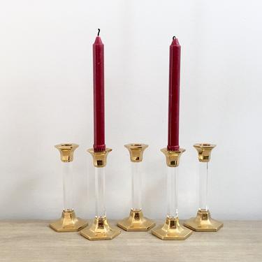 Lucite Brass Candlesticks Candle Holders Set of Five Modern MCM Table Decor 