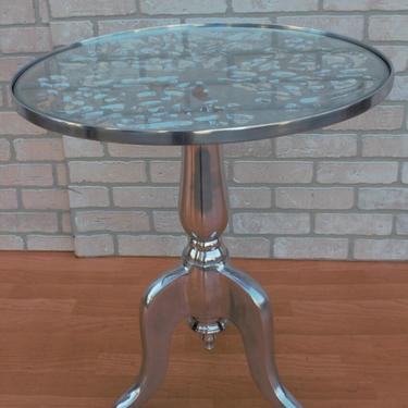 Vintage Round Aluminum Glass Top Side Bistro Accent End Table