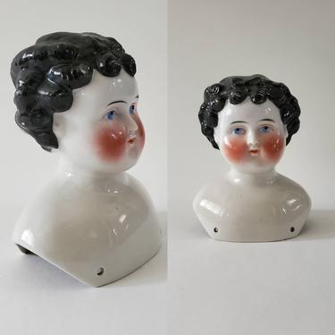 Antique Rare Low Brow China Doll Head with Painted Black Hair and Exposed Ears 4.5&amp;quot; Tall - Antique German Dolls - Doll Parts 