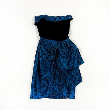 1980s Iridescent Blue and Black Polka Dot Sleeveless Party Dress / Sleeveless Shift Dress / Oversize Bow / Cocktail / Flocked / Small / 80s 