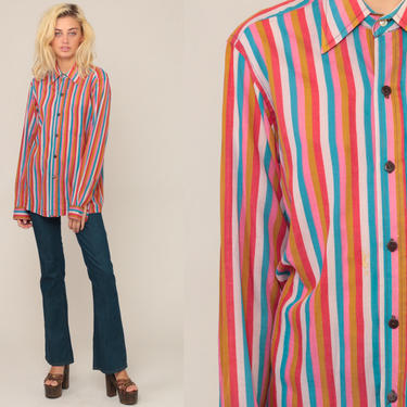 Striped Blouse 70s Boho Shirt Disco Top Hippie Shirt Rainbow Shirt 1970s Vintage Bohemian Button Up Long Sleeve Blouse Medium Large 