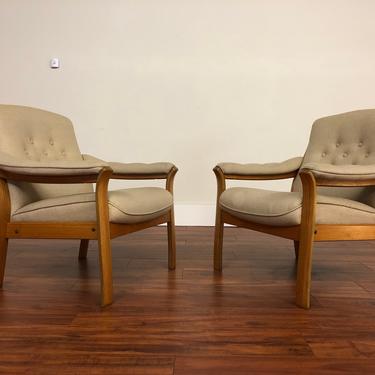 Teak Frame Wool Upholstered Chairs Pair 