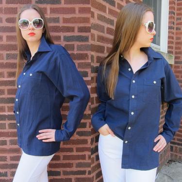 1970s Pierre Cardin Shirt / 70s Blue Shirt / Mens Unisex Navy Blue Button Down Designer Shirt / Classic Preppy Long Sleeved Blouse / Medium 