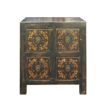 Oriental Distressed Black Golden Flower 4 Drawers End Table Nightstand cs4555E 