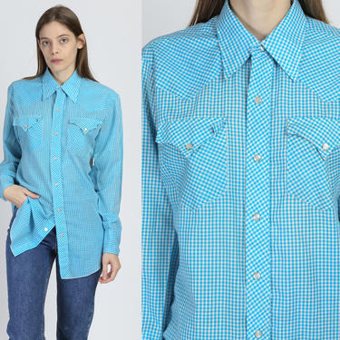 70s Blue Gingham Pearl Snap Western Shirt - Men's Medium | Vintage H Bar C Ranchwear Long Sleeve Top 