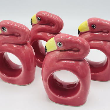 Vintage Set of (4)  Pink Flamingo porcelain Napkin Rings 