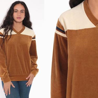 Brown Velour Sweatshirt 80s V Neck Sweatshirt Striped Color Block 70s Long Sleeve Shirt Retro Top Boho 1980s Pullover Slouchy Small 