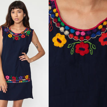 Mexican Embroidered Dress Navy Blue Mini Boho Cotton Tunic Hippie Floral Ethnic Bohemian Vintage Embroidery Traditional Summer Small 