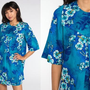 Hawaiian Tent Dress 70s Mini Floral Shift Blue Hippie 60s Boho Tropical Gogo Vintage Short Sleeve Go Go Bohemian Small 