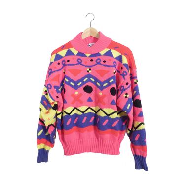 Vintage 80s Neon Wool Ski Sweater Size M 