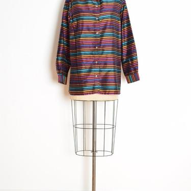 vintage 90s top Chicos black rainbow striped silk button up shirt blouse L XL clothing 