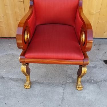Vintage Inlaid Mahogany Gold Gilded Paw Foot Scroll Arm New York Empire Red Silk Upholstered Lounge by Kindel Furniture Company 
