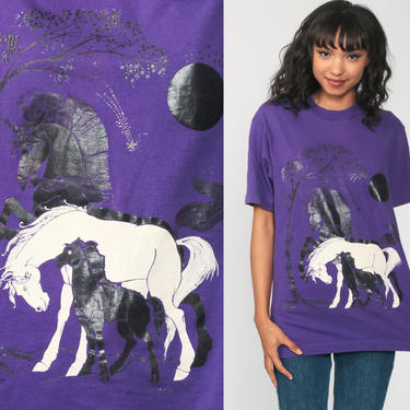 Black Unicorn Shirt 80s Tshirt Purple Graphic Horse Shirt Retro Tee Kawaii Single Stitch Animal 90s Vintage Fruit of the loom Small Medium by ShopExile