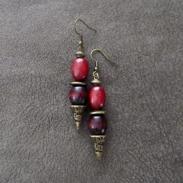 Red wood earrings, hammered bronze earrings, boho chic earrings, ethnic earrings bold statement earrings, unique exotic earrings, bohemian22 