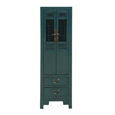 Distressed Teal Green Narrow Wood Shutter Doors Storage Cabinet cs6109E 