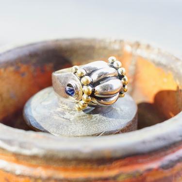 Vintage Joseph Esposito Sterling Silver &amp; 14KT Gold Electroplated Dome Ring, Unique Two Tone Ring With Accent Blue Glass, Size 8 1/4 US 
