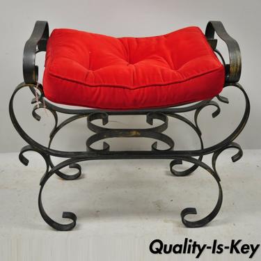 Vtg Gothic Italian Hollywood Regency Black Wrought Iron Curule Bench Seat Chair