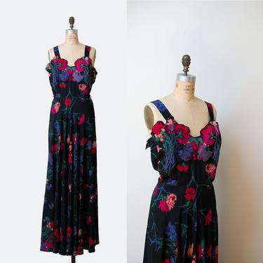 1940s Silk Floral Print Dress / 40s Dark Floral Print Gown 