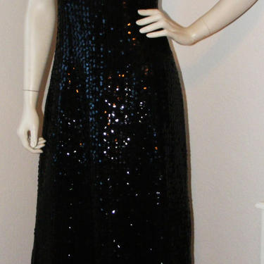 Vintage 1980s Long Black Sequined dress- Miss Elliette of Calif. sz 12 w/ matching jacket 