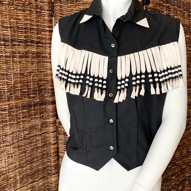 Vintage Cowgirl Top, Fringe Trim, Sleeveless, Beaded, Rodeo Queen 