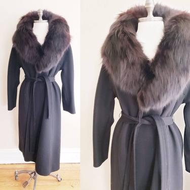 1970s Black Wool Wrap Coat Fox fur Collar / 70s Winter Coat Sash Tie Belt Windermere / M Seymour Raisin / Jormina 