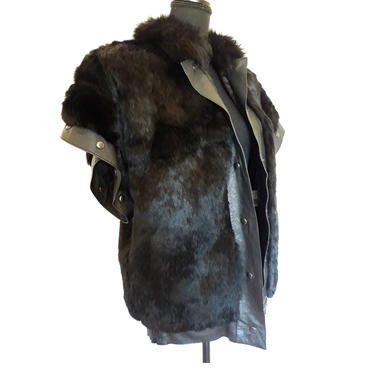 Vintage FUR JACKET, black leather jacket,  fox fur coat for men or women, made in France, vintage leather coat l, size large 
