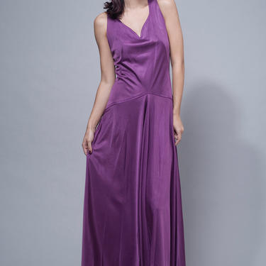 maxi dress purple, slinky evening dress, draped dress gown, drop waist maxi, v neck vintage 70s M Medium 